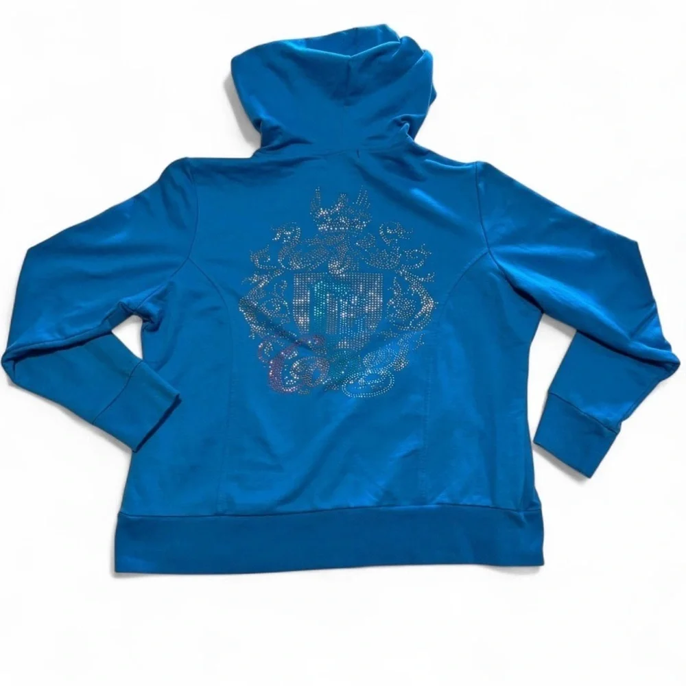 VTG COOGI Women's 1X Crop Zip Up Hoodie Rhinestone Logo Blue Pockets - Picture 2 of 6